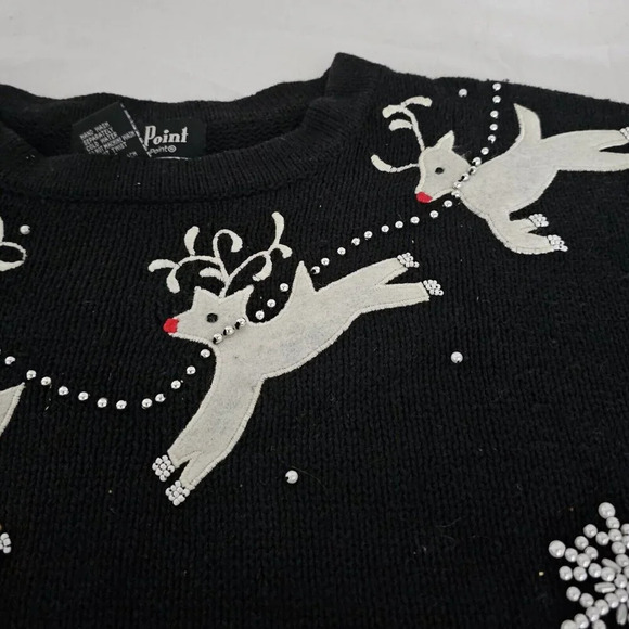VTG Reference Point Petite Sz 2X Christmas Sweater Black Pullover with Reindeer - Picture 5 of 8